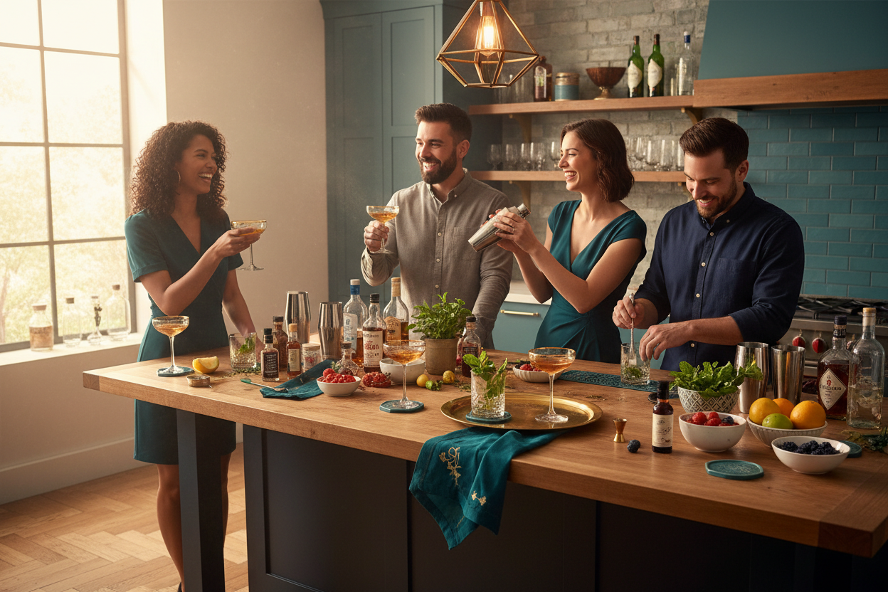 an image of friends or family making cocktails at home and being happy